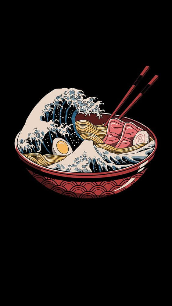 The Great Wave 桌布 壁紙 — 一碗拉麵呈現葛飾北齋《神奈川沖浪裏》的巨浪席捲麵條、雞蛋和肉，筷子擱在碗邊。