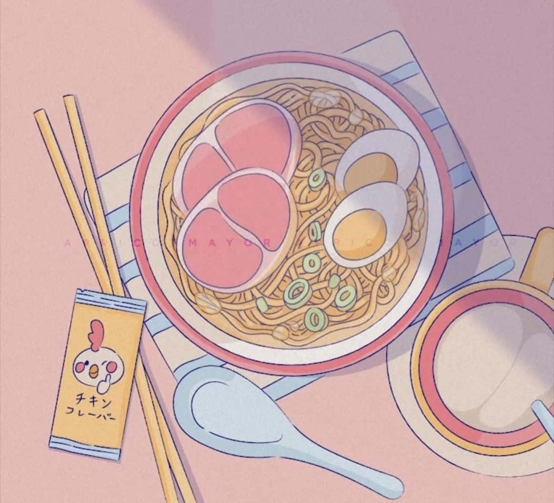 Minimalist Food 桌布 壁紙 — 一碗拉麵的粉彩插圖，配有叉燒、溏心蛋和青蔥，附有筷子及雞味調味包。