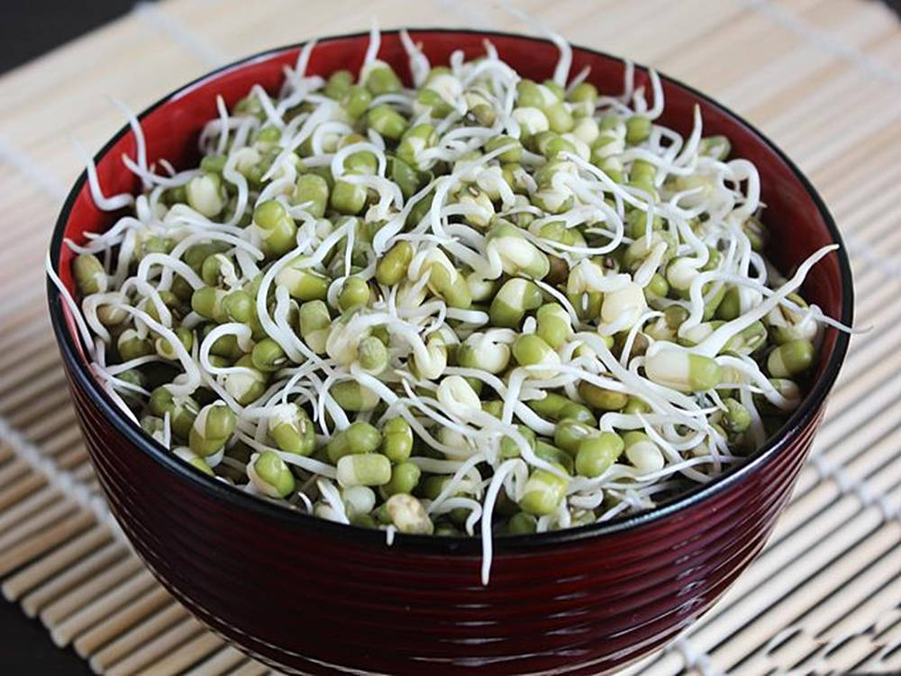 beans 桌布 壁紙 — 一碗新鮮的綠色綠豆芽，帶有脆白的根部，放在竹蓆上。