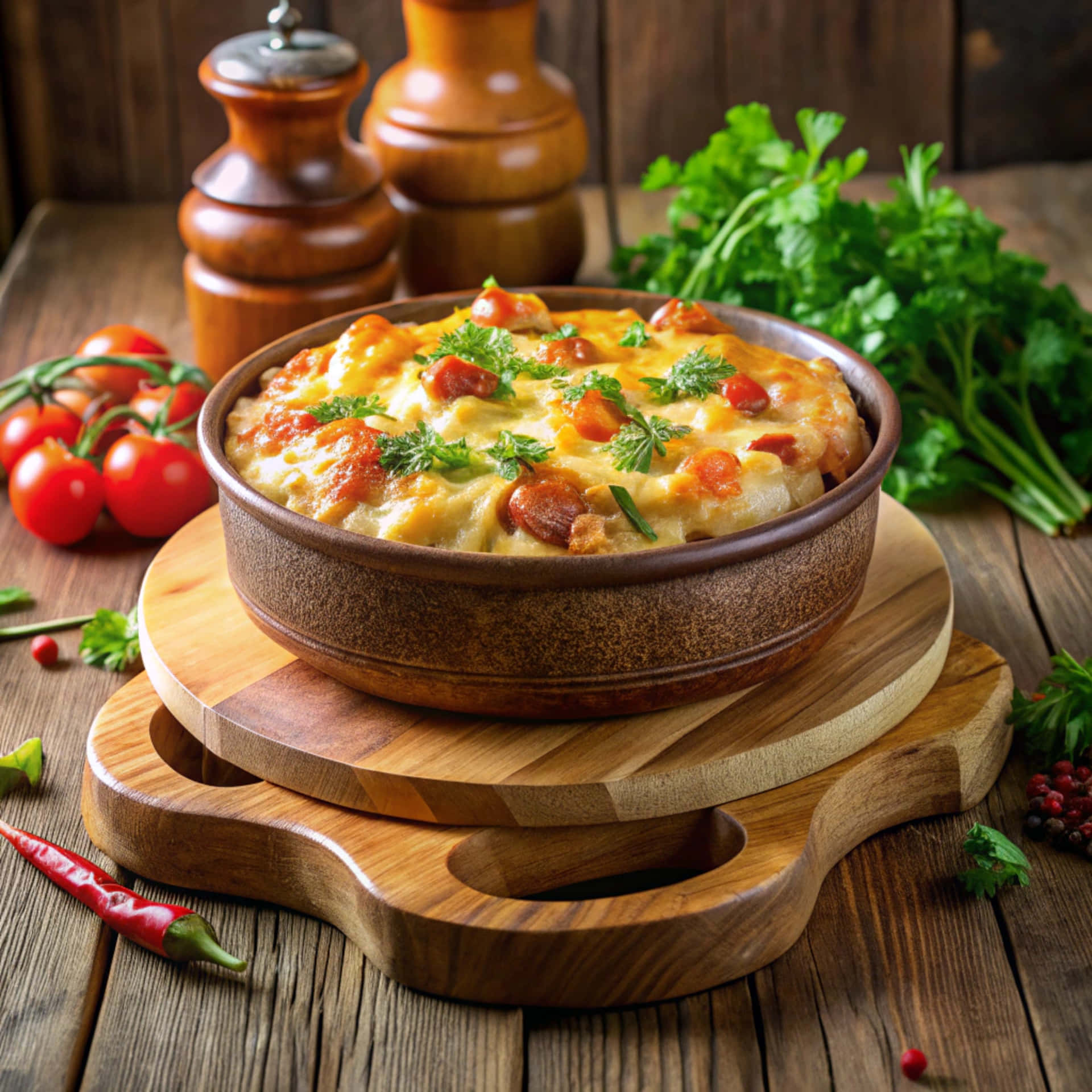 Delicious casserole 壁紙 — 一碗熱騰騰的起司烤義大利麵，上面放著櫻桃番茄和新鮮歐芹，放在層疊的木板上，旁邊是鮮紅色的甜椒和木製香料研磨器。