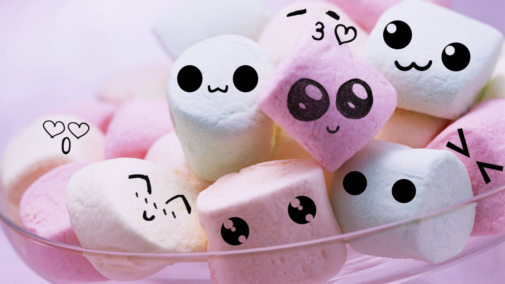 可愛棉花糖，帶有繪製的臉孔在玻璃碗中 — Squishmallows 壁紙
