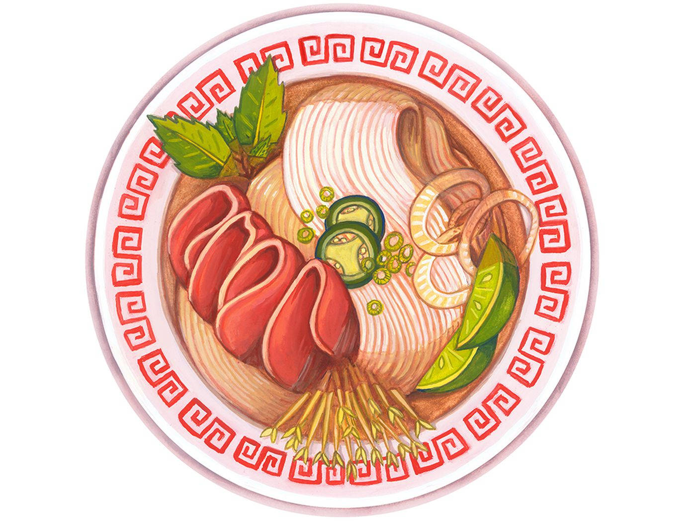 Noodles 桌布 壁紙 — 一碗色彩繽紛的拉麵，配有切片肉、蔥花和竹筍，放在有圖案的盤子上。