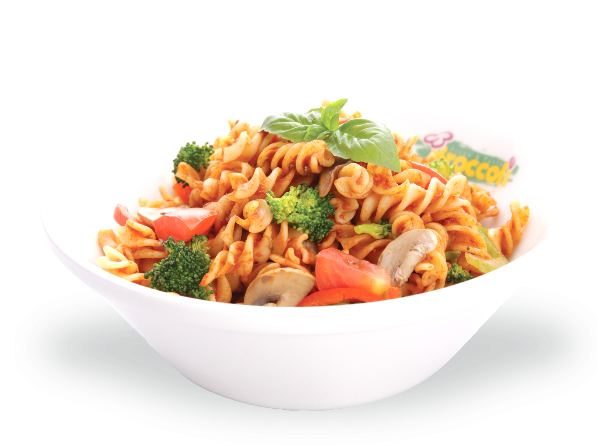 Pasta 桌布 壁紙 — 一碗色彩繽紛的螺旋義大利麵，搭配青花菜、番茄、蘑菇和羅勒裝飾，襯以純黑背景。