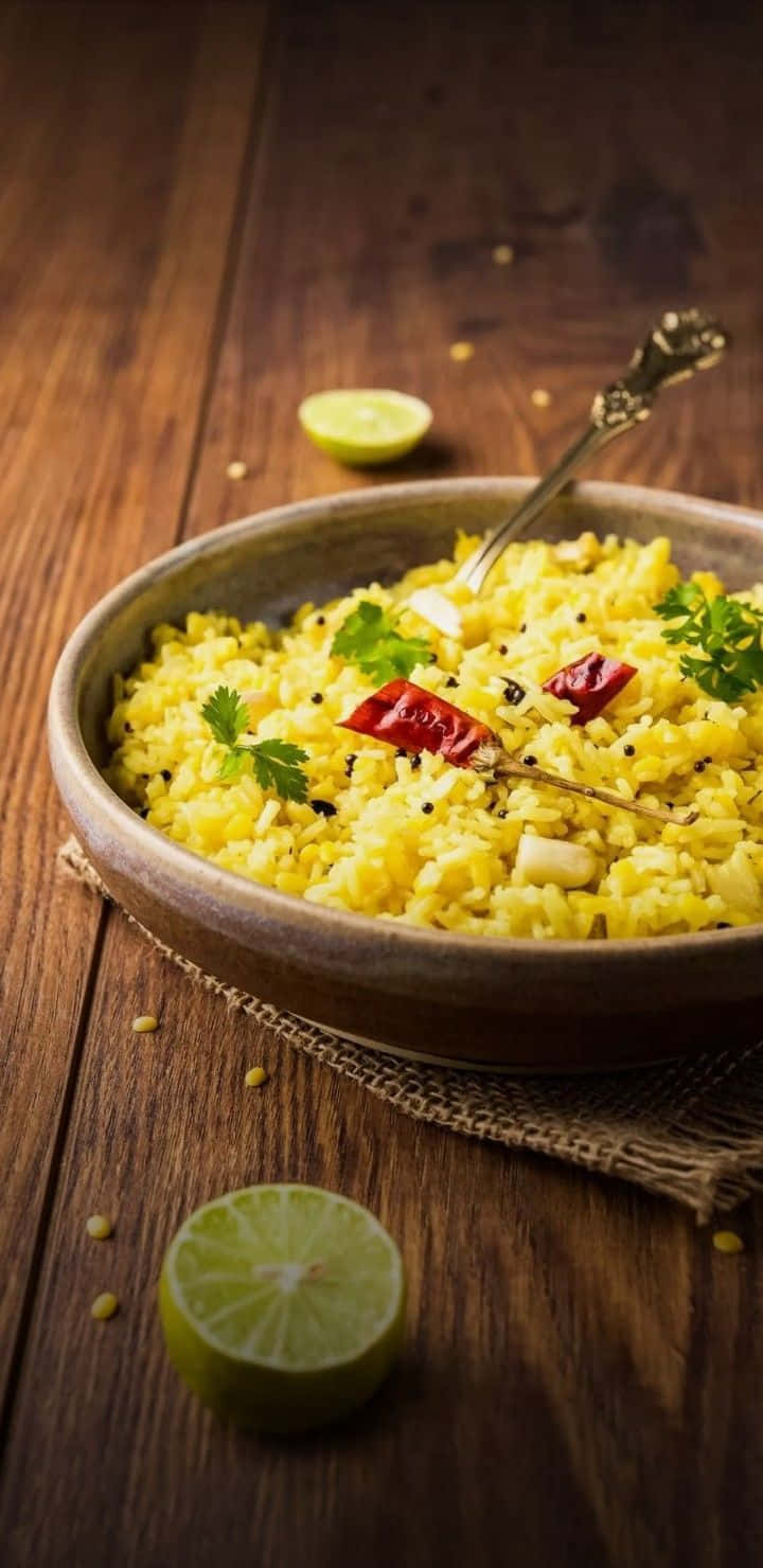 Indian Food 桌布 壁紙 — 一碗鄉村風格的鮮黃色米飯，飾以紅辣椒和香菜，放在木桌上，旁邊有萊姆半個。