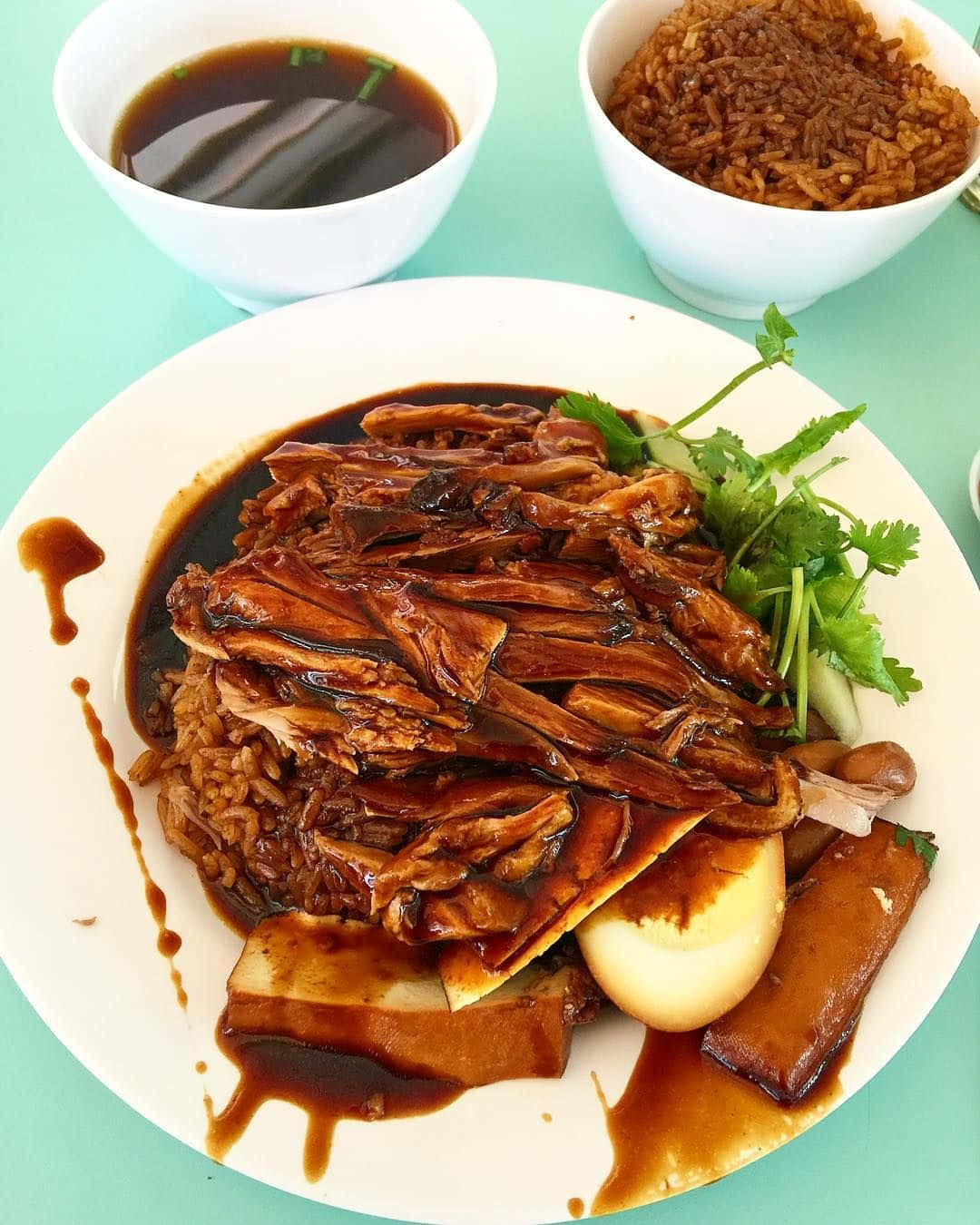 Food Photography 桌布 壁紙 — 一碟油亮亮的滷鴨飯，配上香菜和半熟蛋，旁邊還有醬汁和米飯的碗，放在薄荷綠的表面上。