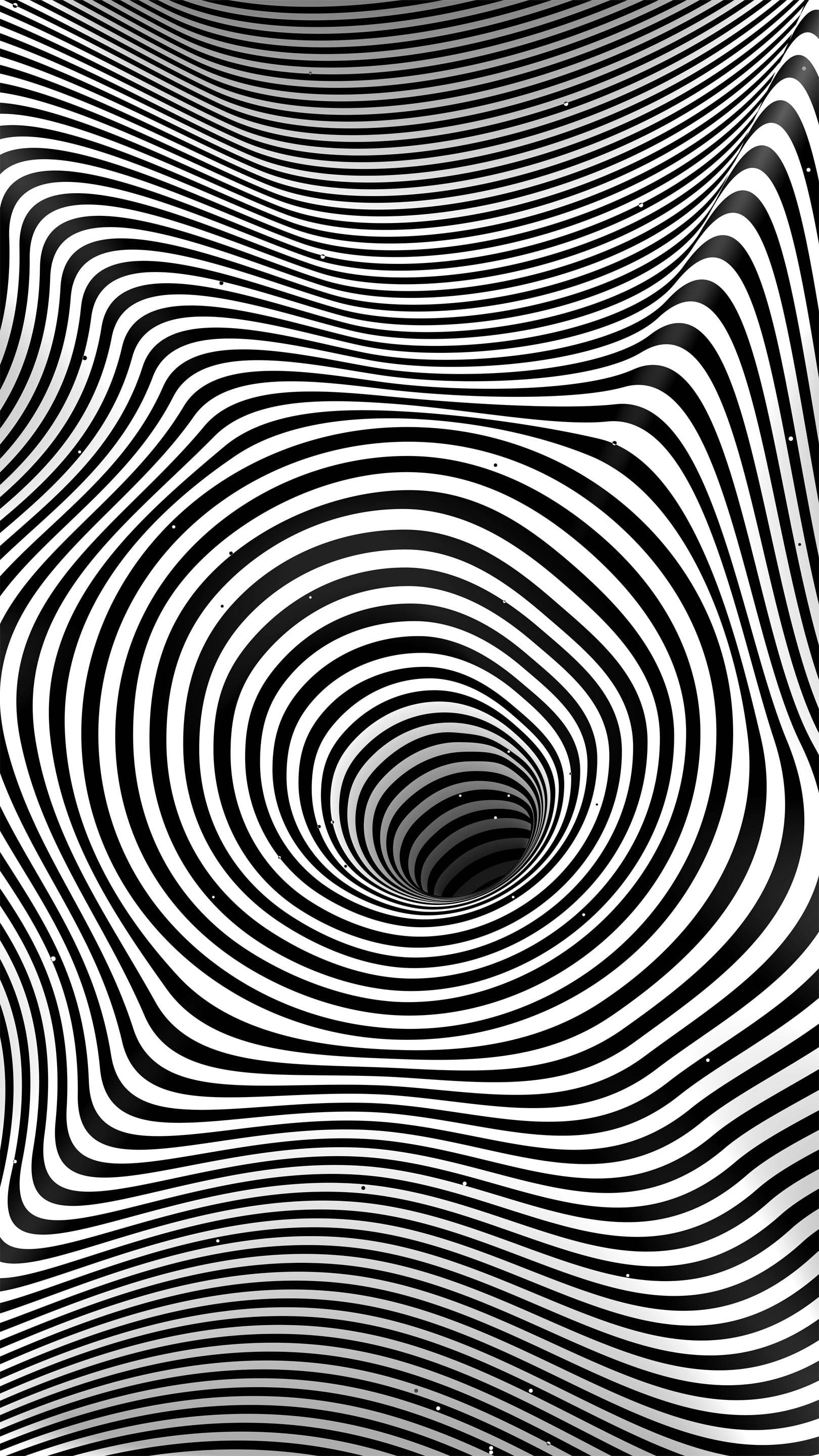 Hypnosis 桌布 壁紙 — 一種催眠的黑白錯覺，由同心波浪條紋匯聚成深邃的隧道漩渦。