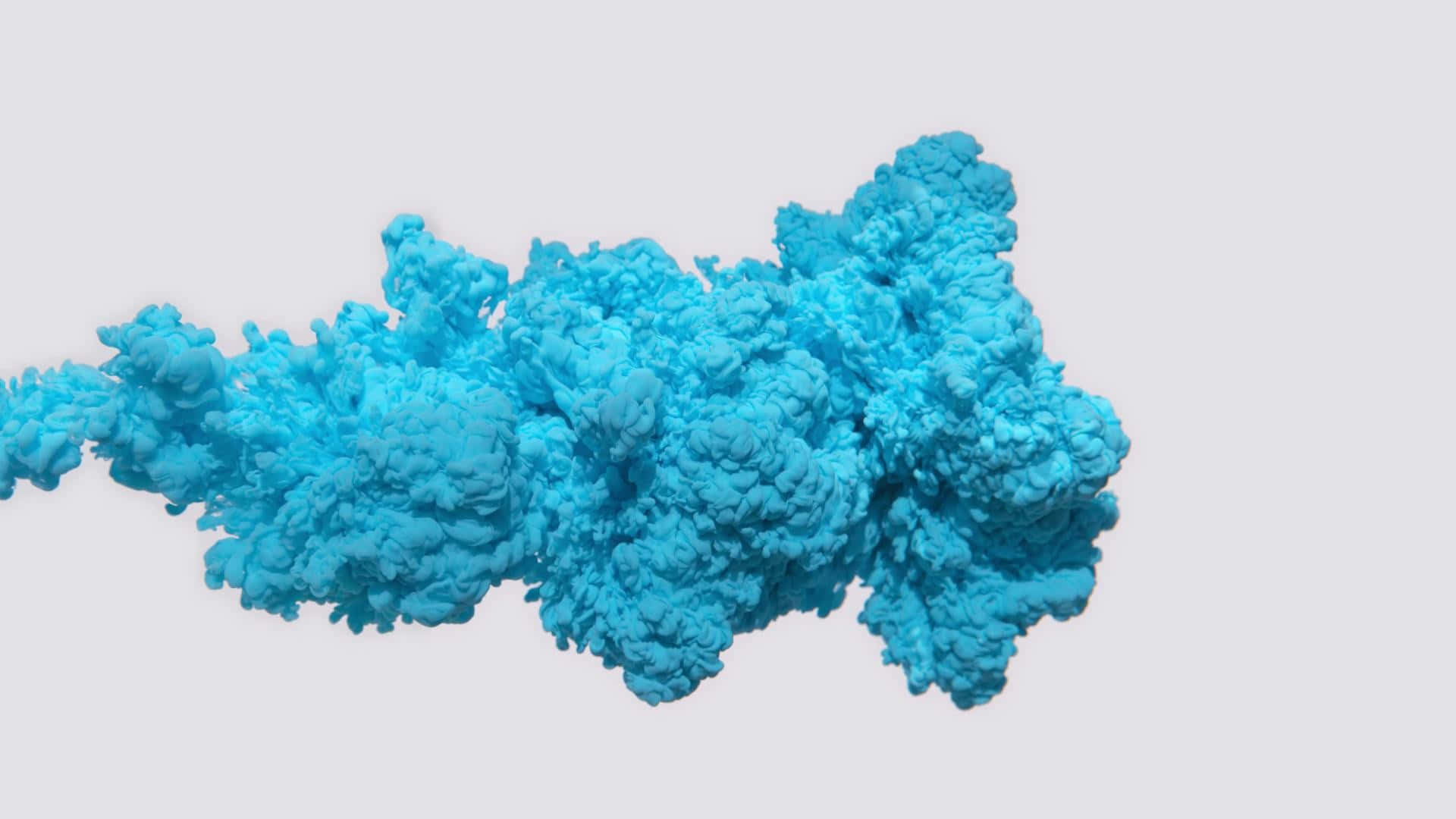 Smoke Blue 桌布 壁紙 — 一種充滿活力的藍綠色雲狀物質在純淺灰色背景上飄移。