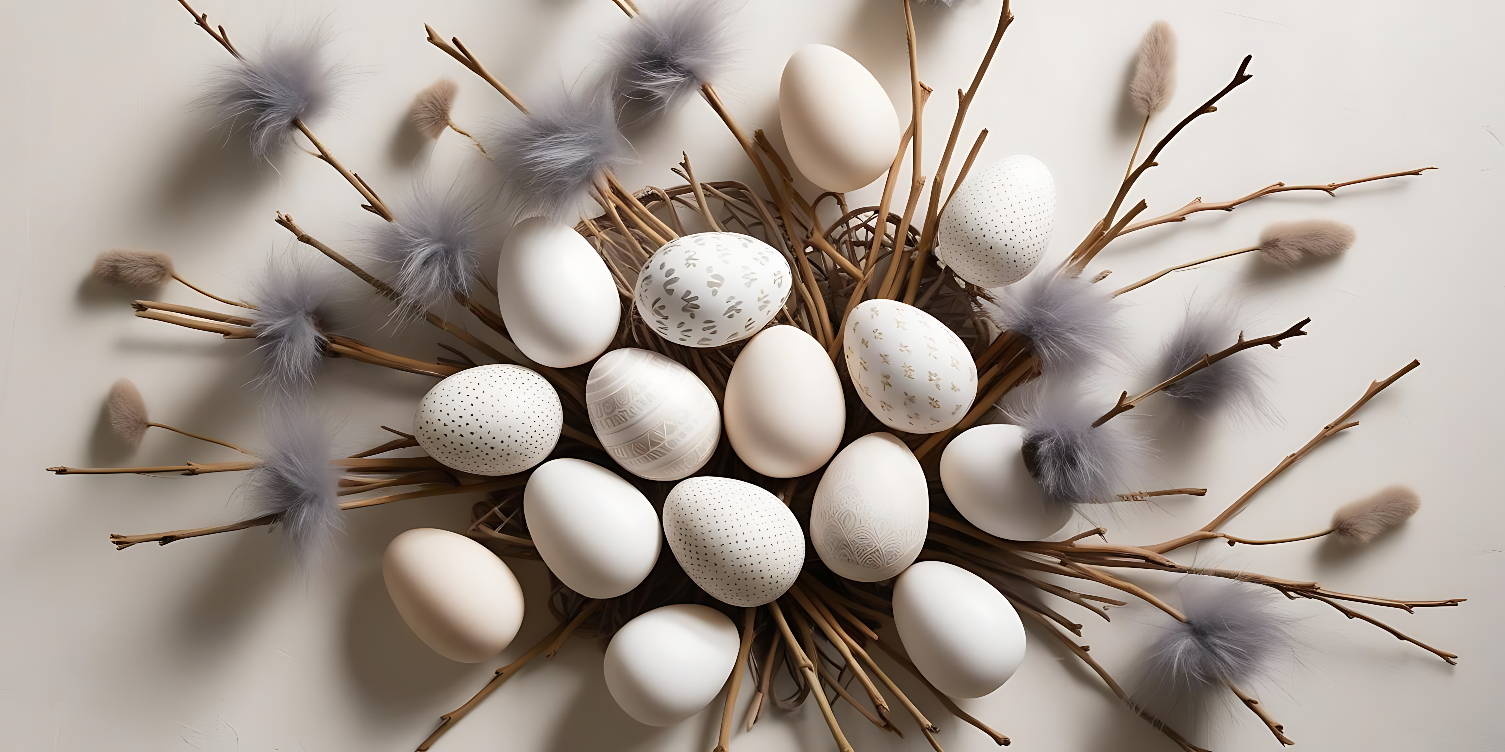 Eggs 桌布 壁紙 — 一窩白色斑點蛋藏在灰色羽毛狀柳枝之間，背景淺色。