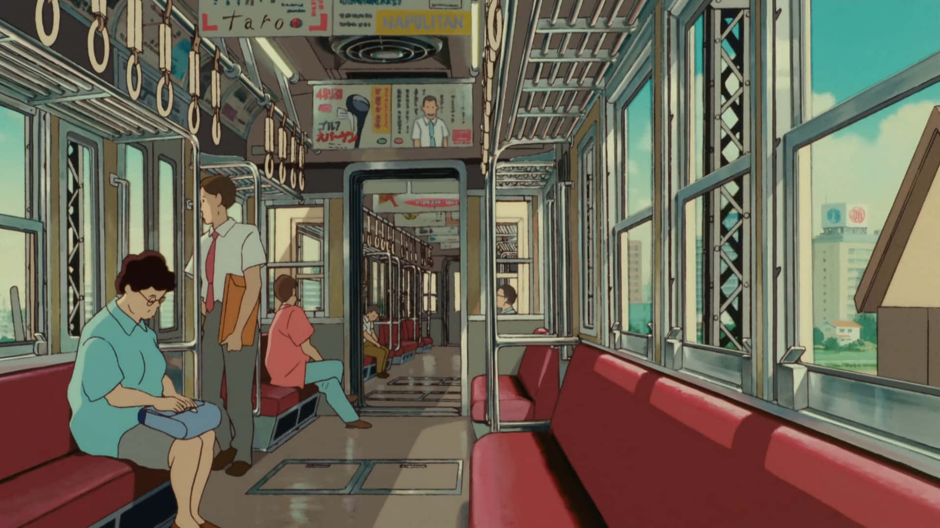 Whisper Of The Heart 桌布 壁紙 — 一節寧靜的動畫火車車廂，乘客或坐或站，紅色座椅，窗外是明亮的城市景觀。