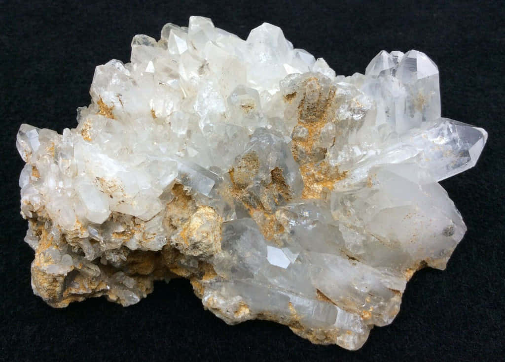 水晶 桌布 壁紙 — 一簇令人驚嘆的半透明白色石英晶體，帶有金色礦物點綴，襯以黑色背景。