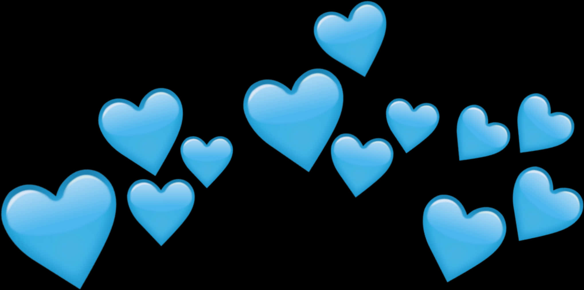 Blue Emoji 桌布 壁紙 — 一簇光澤的淺藍色心形漂浮在純黑色背景上。
