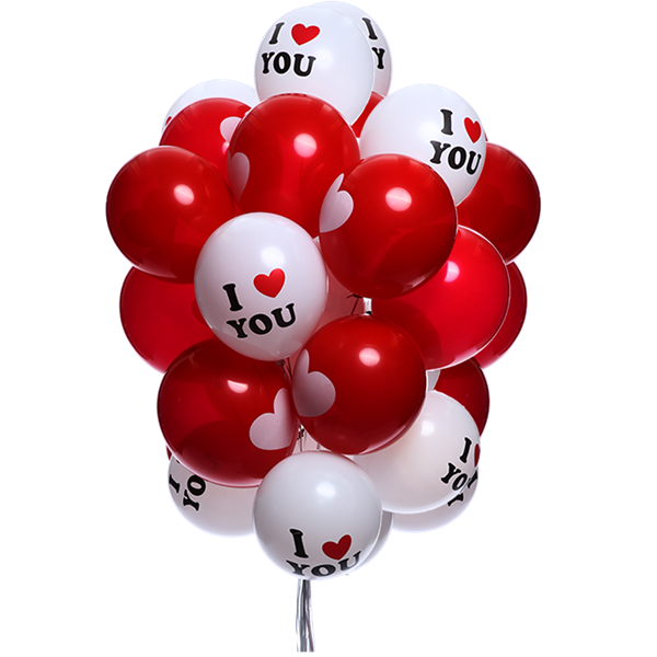 愛心 桌布 壁紙 — 一簇光澤的紅色和白色氣球，上面印有「I ❤️ YOU」，在純黑色背景上漂浮。