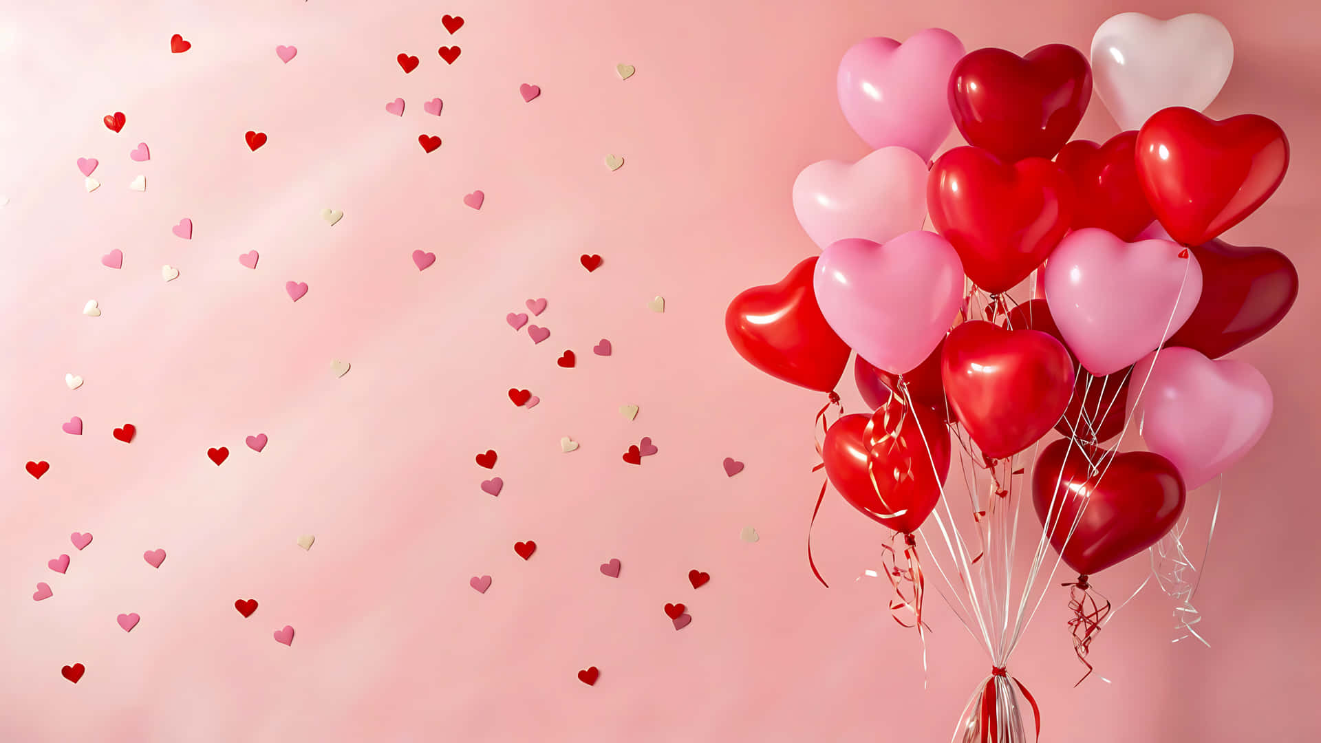 Bunch of heart shaped balloons and confetti on a pink background 壁紙 — 一簇光澤的紅色和粉紅色心形氣球漂浮在柔和的粉紅色背景上，背景散落著細小的愛心紙屑。