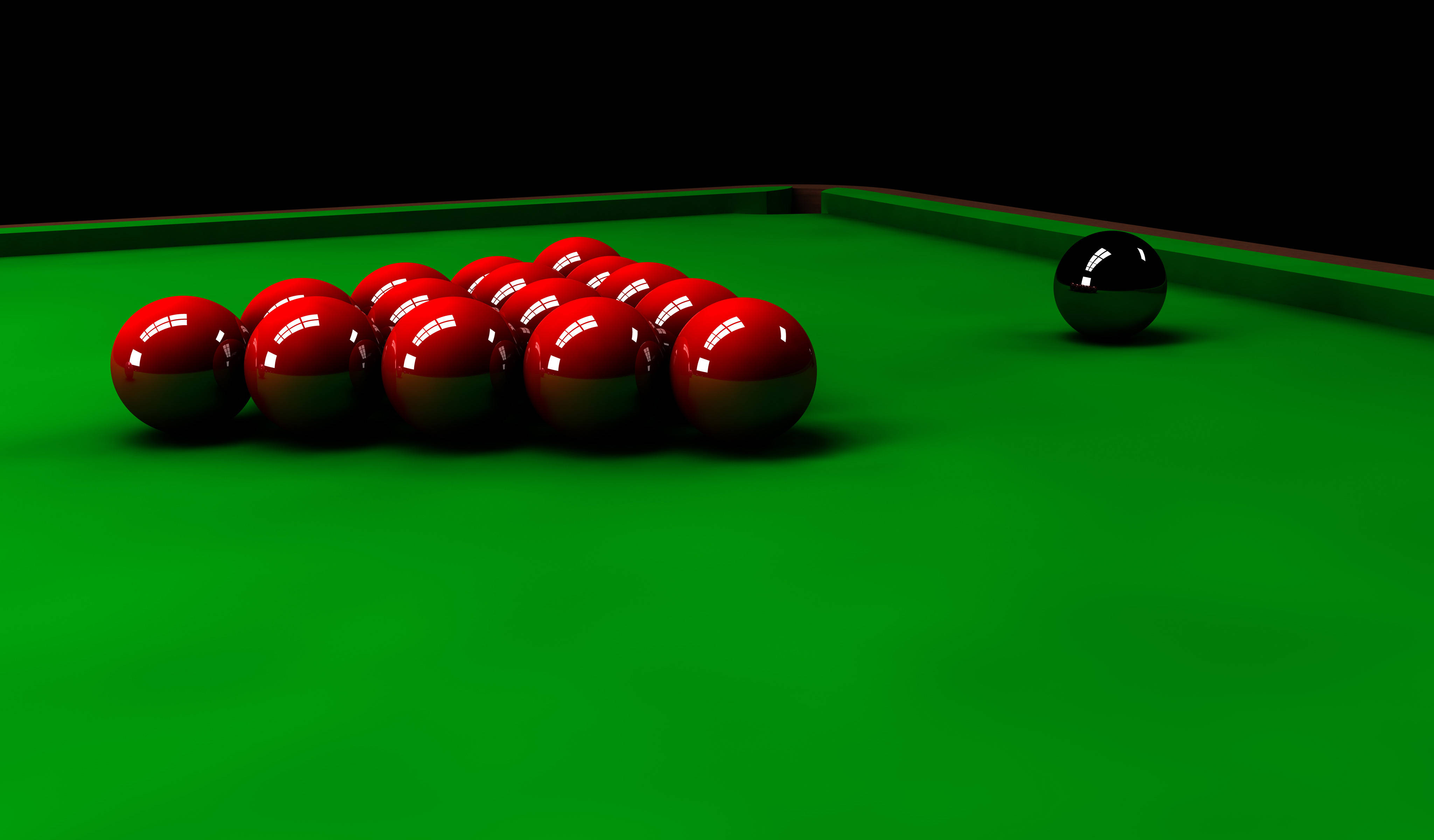Snooker 桌布 壁紙 — 一簇光澤的紅色撞球和一個黑色球在深色背景下放置在充滿活力的綠色絨布桌上。