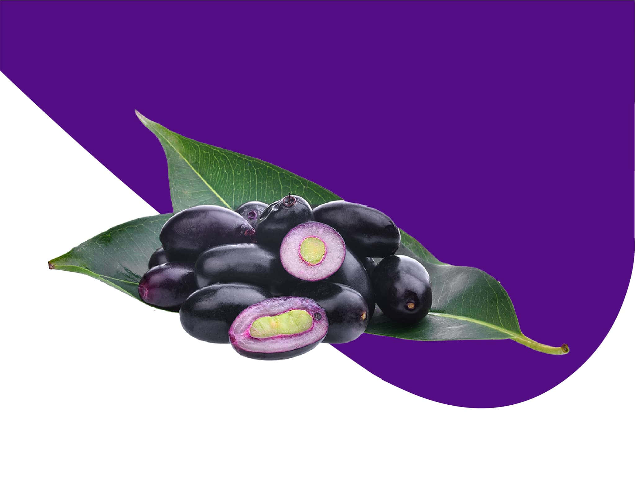 Plum 桌布 壁紙 — 一簇光澤黑色漿果，帶有紫色邊緣的切面，露出淡綠色內部，放在綠色葉子上，背景為大膽的紫色和白色對角線。