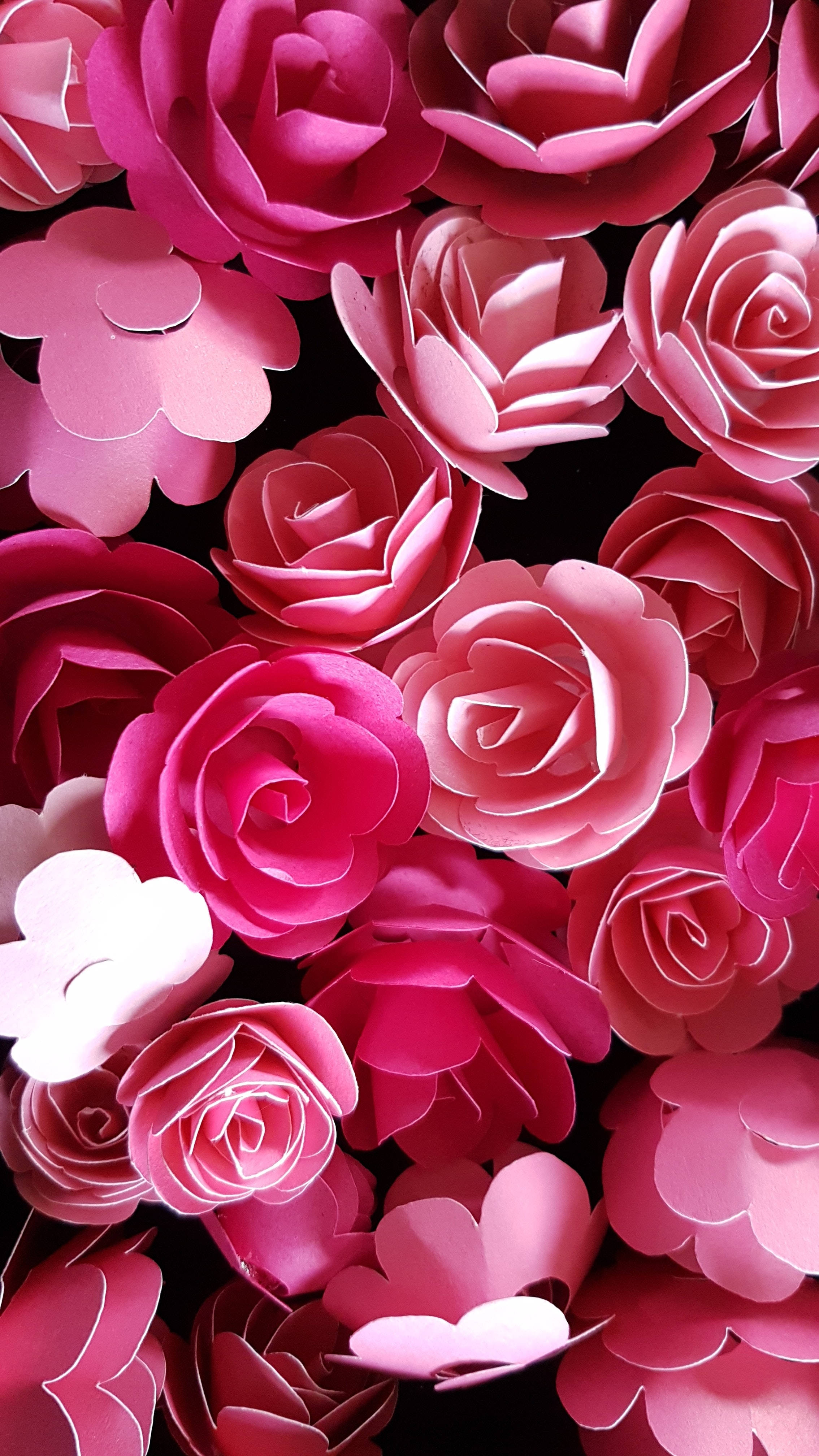 Rose Flower 桌布 壁紙 — 一簇密集、精緻摺疊的紙玫瑰，呈現鮮豔的粉紅色和洋紅色，襯托在深色背景上。