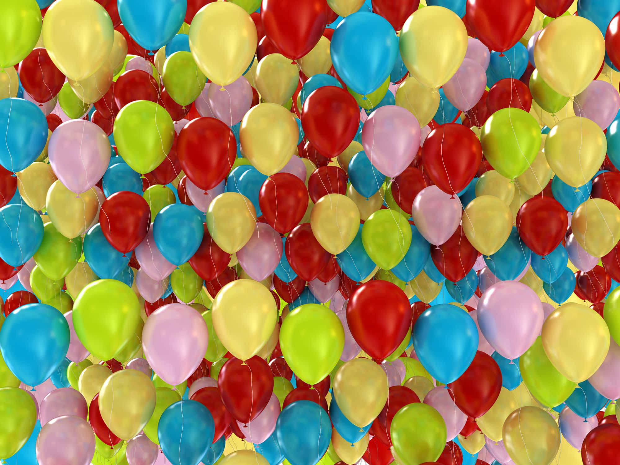 Balloon 桌布 壁紙 — 一簇密集的閃亮多色氣球，包括紅色、藍色、黃色、綠色和粉紅色，一起漂浮。