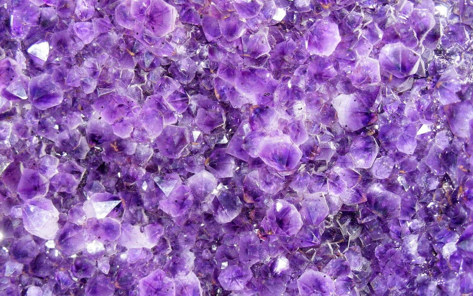 紫水晶 桌布 壁紙 — 一簇密集的閃亮紫色紫水晶晶體，具有銳利的刻面和深紫羅蘭色調。
