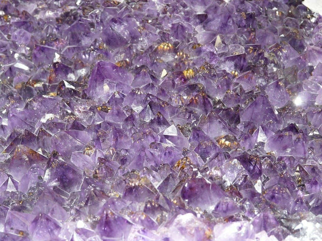 紫水晶 桌布 壁紙 — 一簇密集的閃亮紫色紫水晶晶體，帶有金色內含物和銳利的幾何刻面。