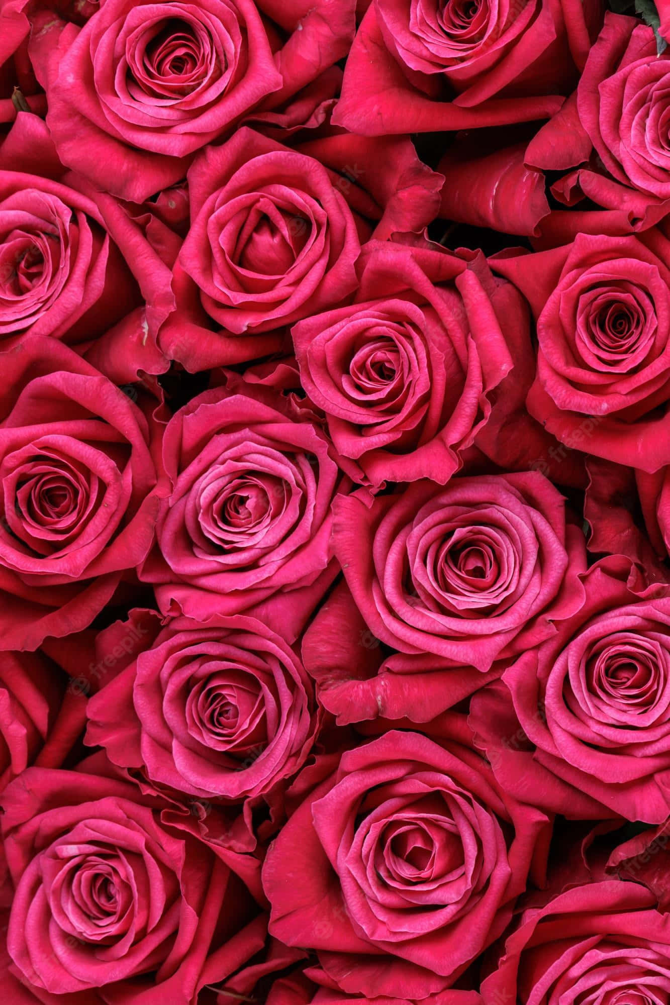 Cute Rose 桌布 壁紙 — 一簇密集的鮮豔粉紅玫瑰，帶有天鵝絨般的花瓣和複雜的螺旋，充滿整個畫面。
