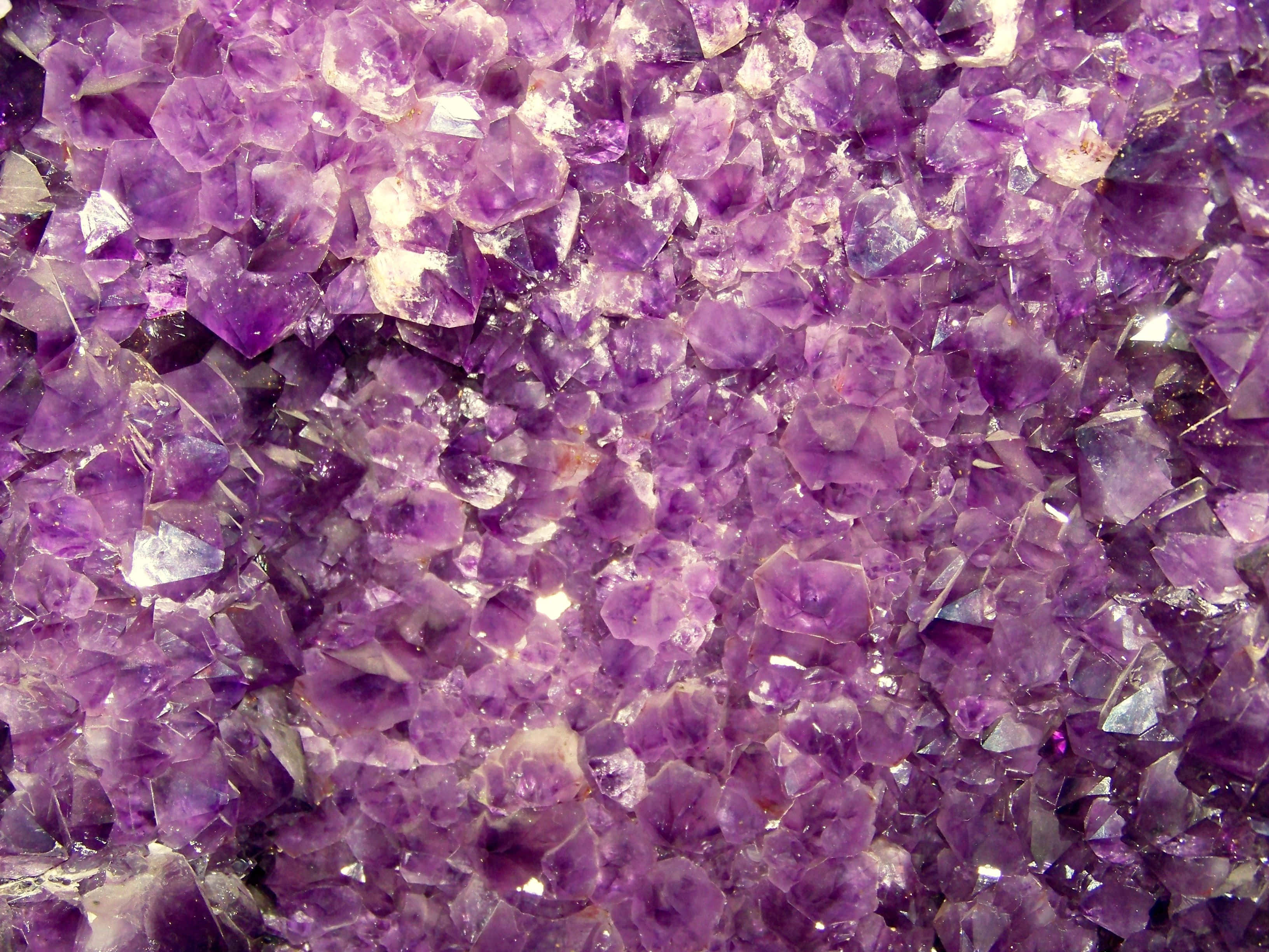 紫水晶 桌布 壁紙 — 一簇密集閃爍的紫色紫水晶晶體，具有銳利的刻面和半透明亮點。