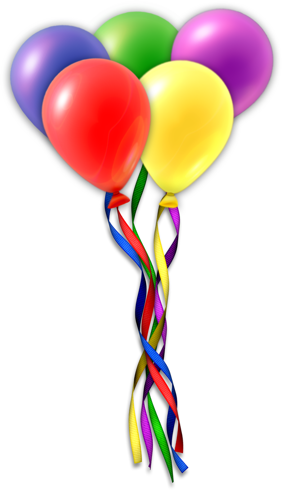 Happy Birthday Balloons 桌布 壁紙 — 一簇帶有彩虹絲帶的光澤多彩氣球在純黑背景上飄浮。