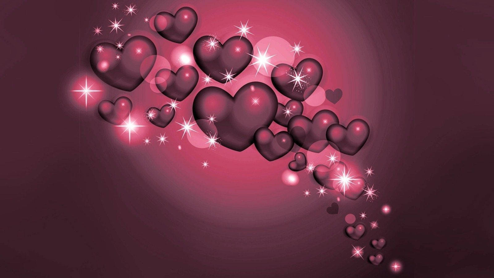 Love Heart 桌布 壁紙 — 一簇帶有閃爍星星的光澤深粉紅色心形在漸變洋紅色背景上飄動。