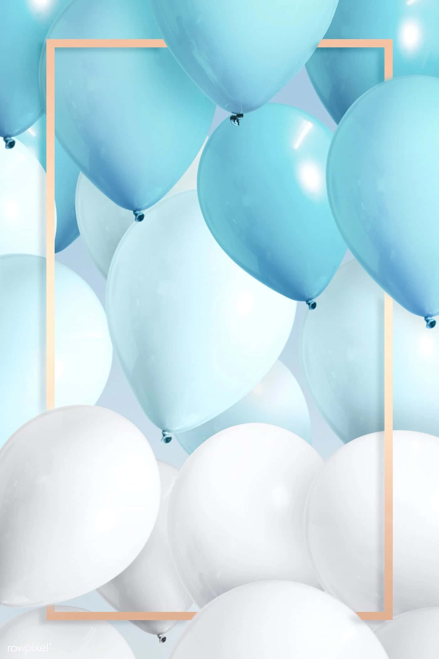 Balloons 桌布 壁紙 — 一簇柔和的藍色和白色氣球漂浮在一個蜜桃金色長方形框架周圍，背景為淺色。