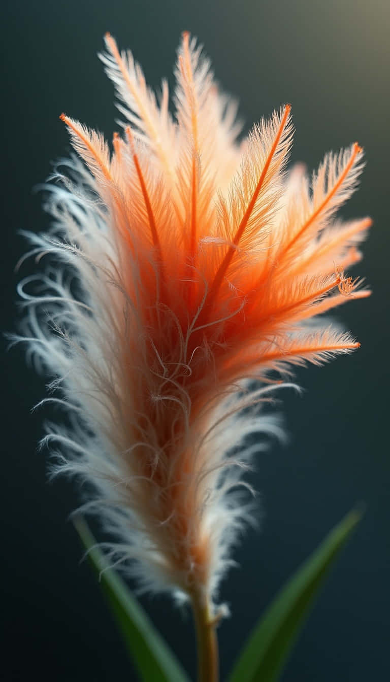 Flower 壁紙 — 一簇毛茸茸的橙色和白色蒲葦羽狀花穗在深色背景下柔和發光的特寫。