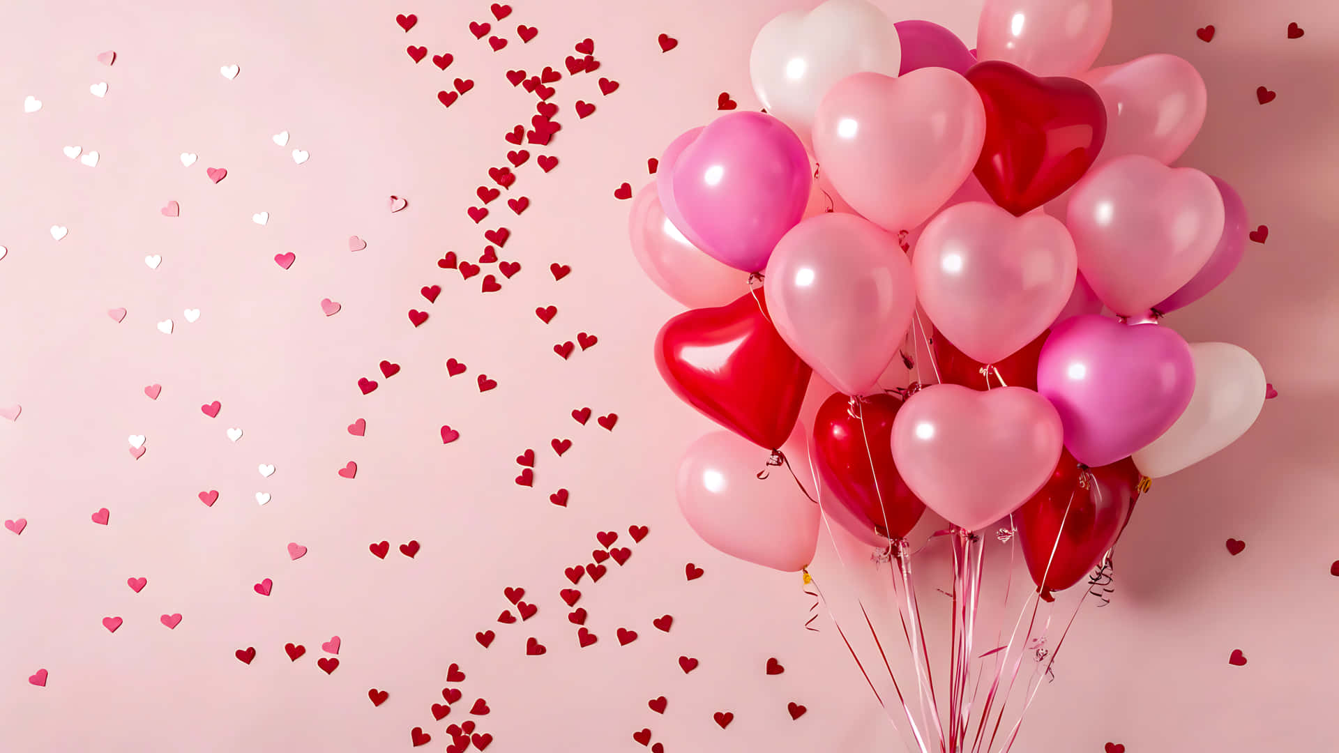 Heart shaped balloons in pink and red with heart confetti background 壁紙 — 一簇粉紅色和紅色的光澤心形氣球漂浮在柔和的粉紅色背景上，背景散落著細小的愛心紙屑。