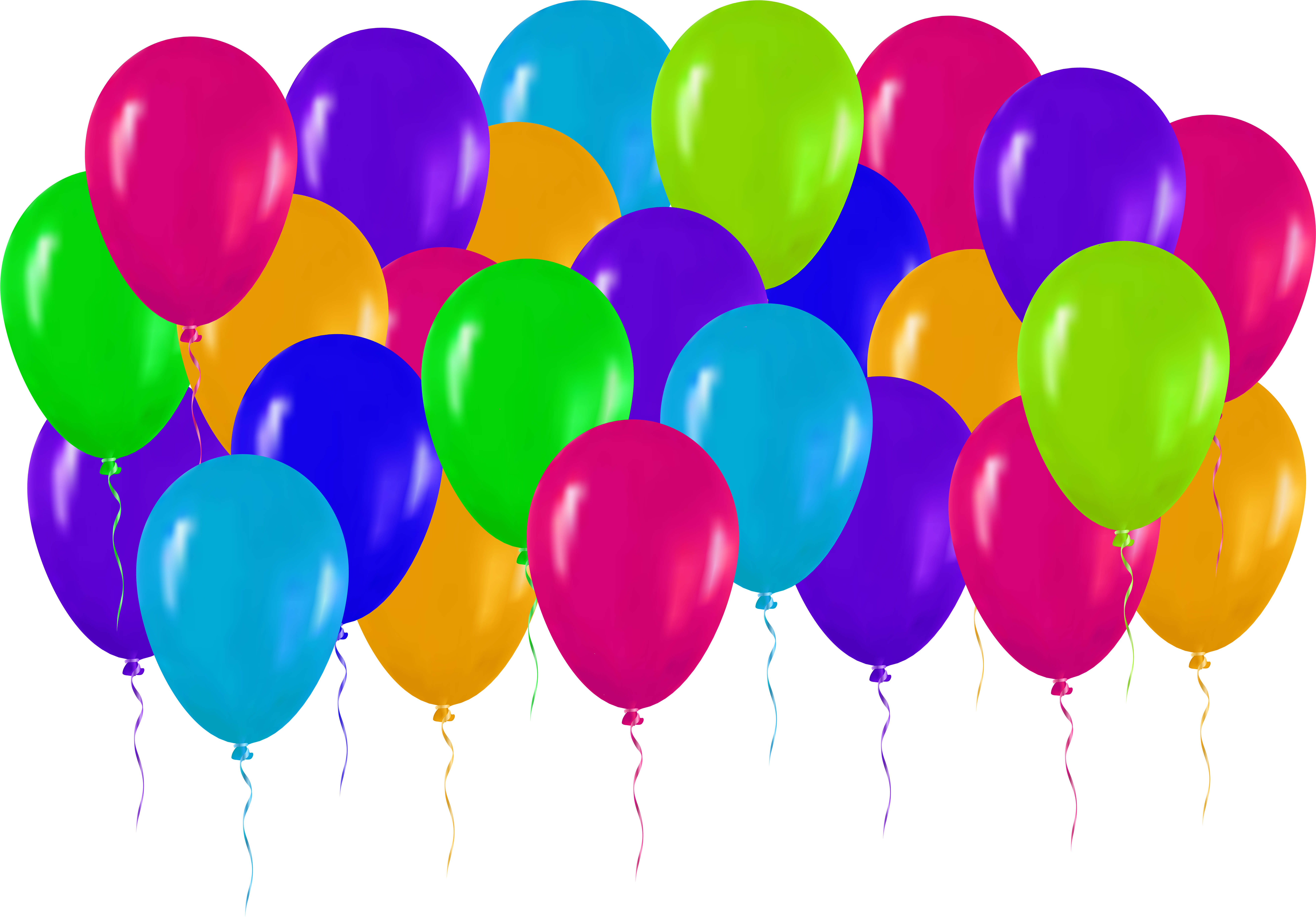 Happy Birthday Balloons 桌布 壁紙 — 一簇色彩鮮豔、光澤亮麗的派對氣球，有粉紅、藍、綠和橙色，漂浮在純黑背景上。