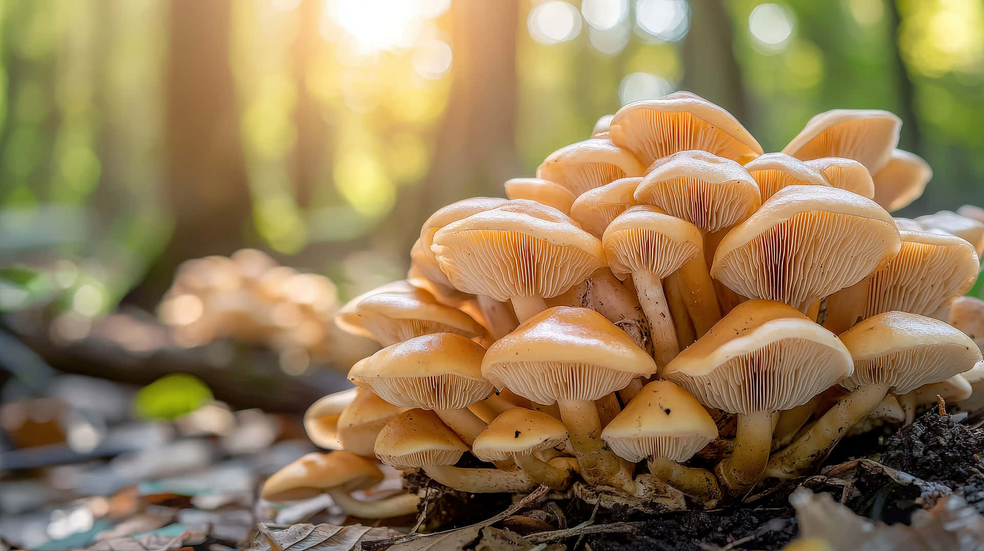 Cluster of Wild Mushrooms Growing on Forest Floor in Sunlight 壁紙 — 一簇金色蘑菇密集地生長在森林地面上，陽光穿過後方的樹木過濾而下。