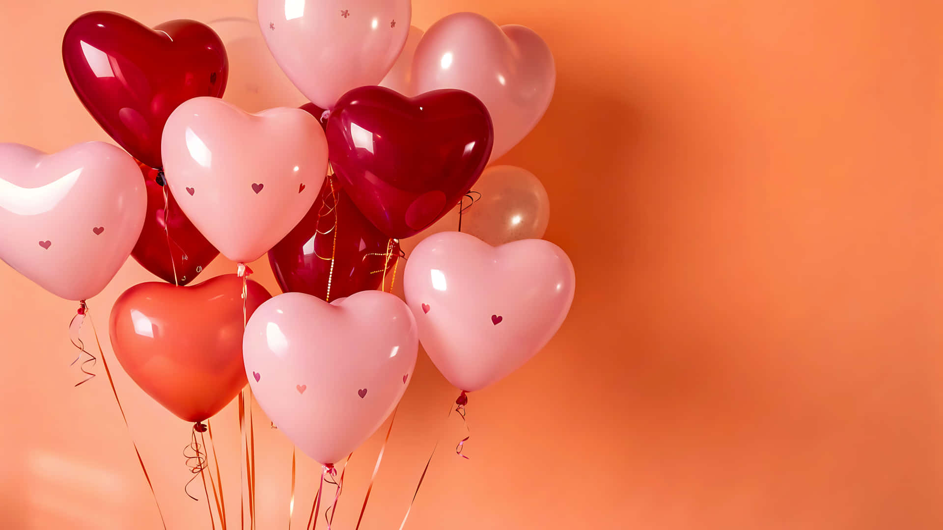 Bunch of heart shaped balloons in pink and red colors 壁紙 — 一簇閃亮的心形氣球，以粉紅色和紅色的色調，漂浮在溫暖的桃色背景上。