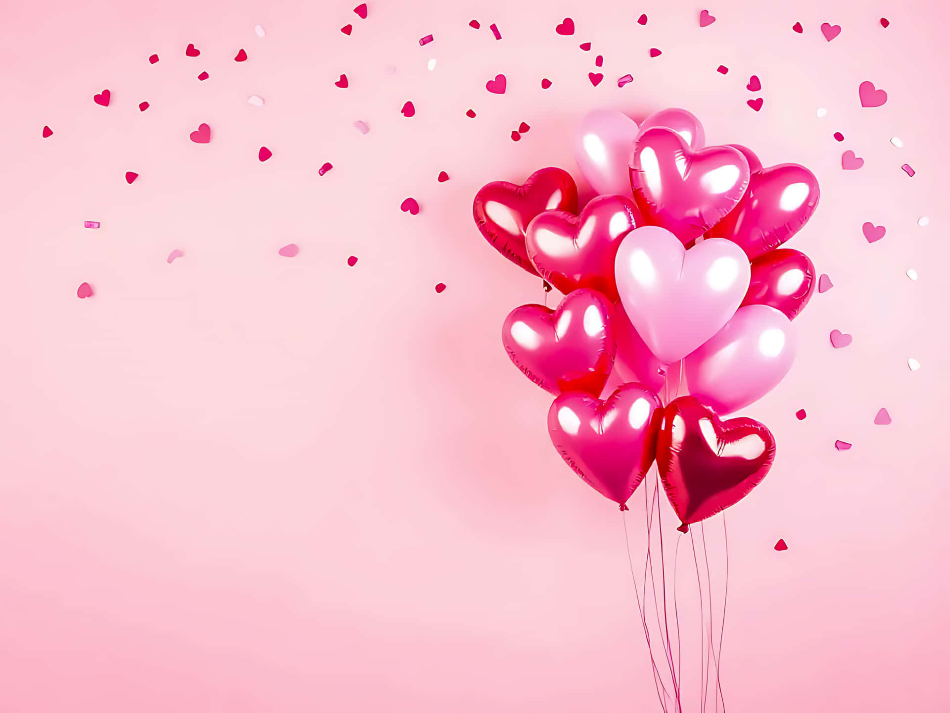 Bunch of heart shaped balloons and confetti on a pink background 壁紙 — 一簇閃亮的心形氣球，呈現不同深淺的粉紅色，漂浮在散落著心形紙屑的柔和粉紅色背景上。