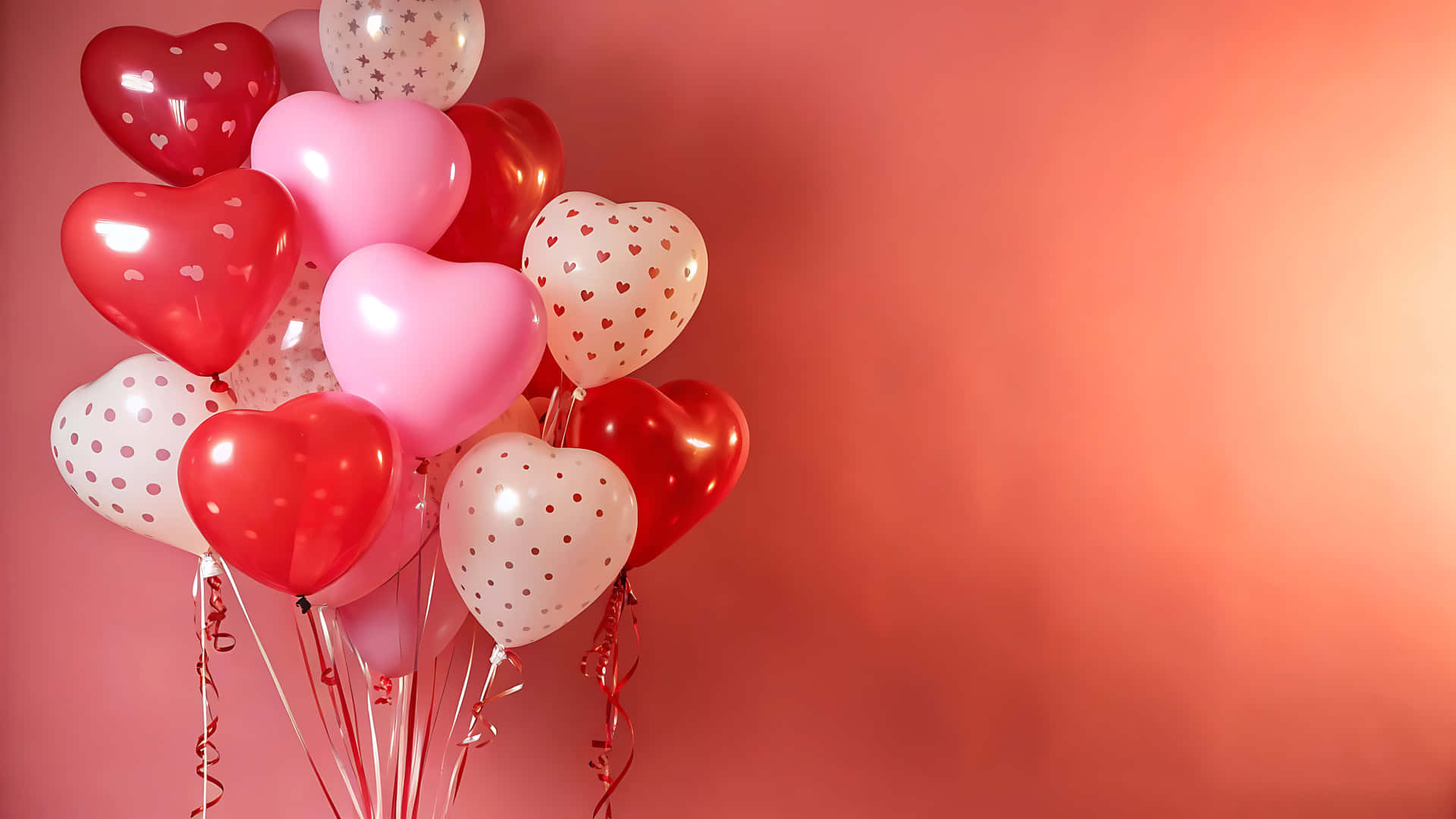 Bunch of heart shaped balloons in red, pink and white against red backdrop 壁紙 — 一簇閃亮的心形氣球，有紅色、粉紅色和白色，帶有圓點和心形圖案，漂浮在柔和的珊瑚色背景上。