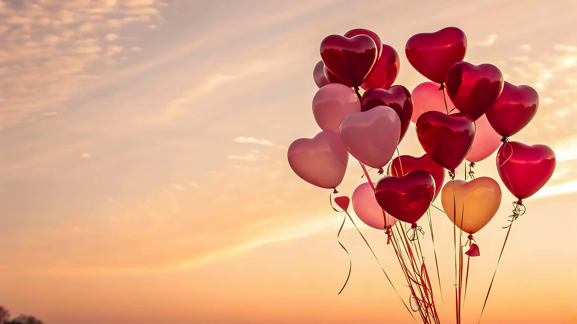 Bunch of heart shaped balloons floating in the sunset sky 壁紙 — 一簇閃亮的心形氣球，有紅色、粉紅色和金色，在溫暖的日落天空中飄浮。