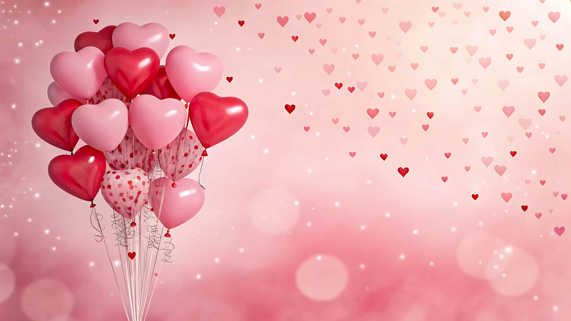 Bunch of heart shaped balloons in pink and red on pink background 壁紙 — 一簇閃亮的粉紅色和紅色心形氣球漂浮在柔和的粉紅色背景上，背景點綴著漂浮的心形和散景燈光。