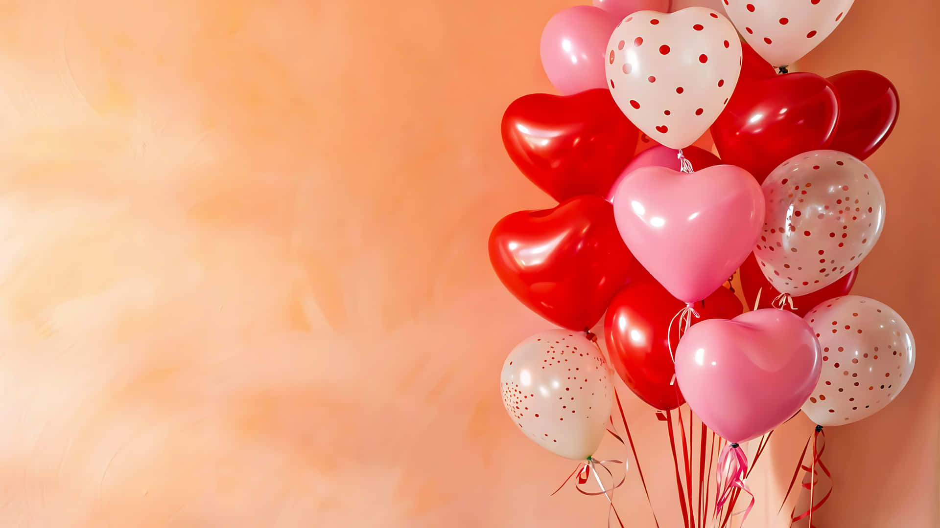 Bunch of heart shaped balloons for valentine's day celebration 壁紙 — 一簇閃亮的紅色、粉紅色和白色心形波點氣球，漂浮在柔和的桃色紋理牆壁上。