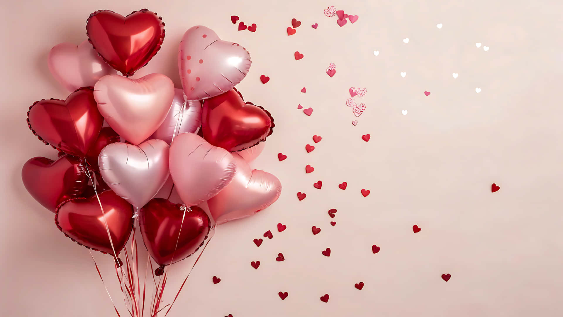 Bunch of heart shaped balloons and confetti for valentine's day 壁紙 — 一簇閃亮的紅色和粉紅色心形氣球漂浮在柔和的粉紅色背景上，背景上散落著細小的紅色和白色心形紙屑。