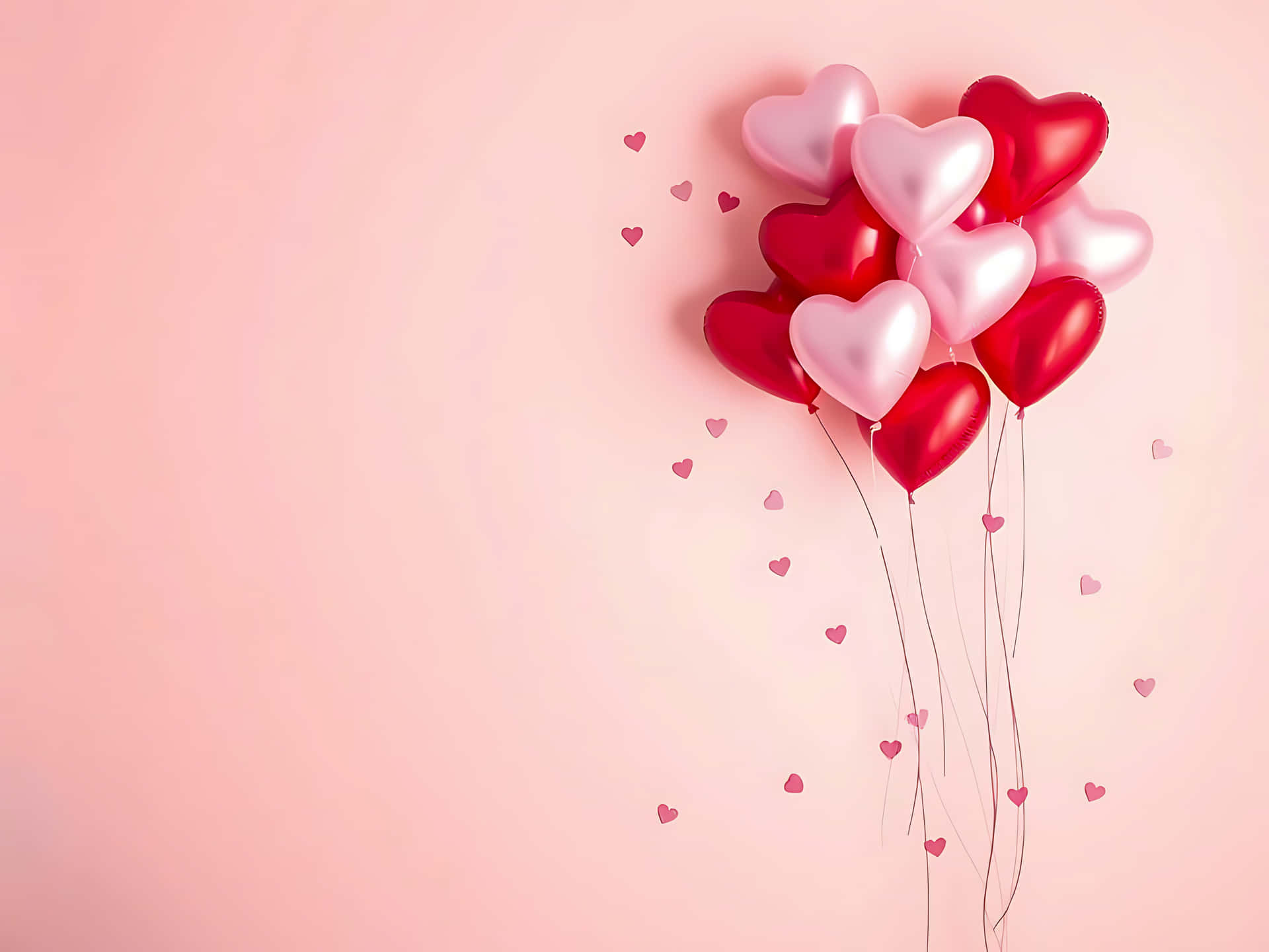 Bunch of heart shaped balloons with confetti on pink background 壁紙 — 一簇閃亮的紅色和粉紅色心形氣球漂浮在柔和的粉紅色背景上，散落著細小的愛心。