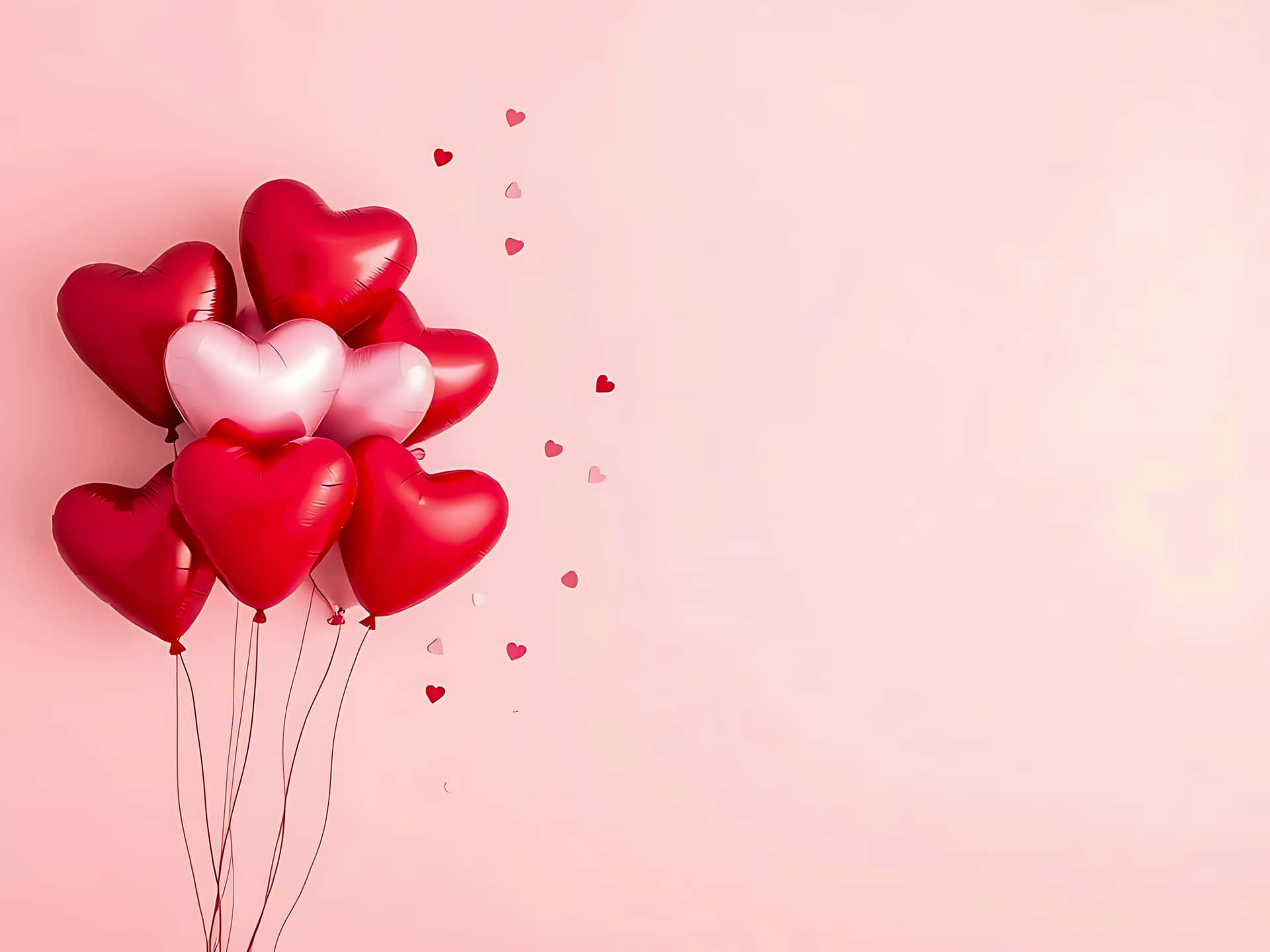 Bunch of heart shaped balloons with confetti on pink background 壁紙 — 一簇閃亮的紅色和粉紅色心形氣球漂浮在柔和的粉紅色背景上，背景散落著細小的愛心。