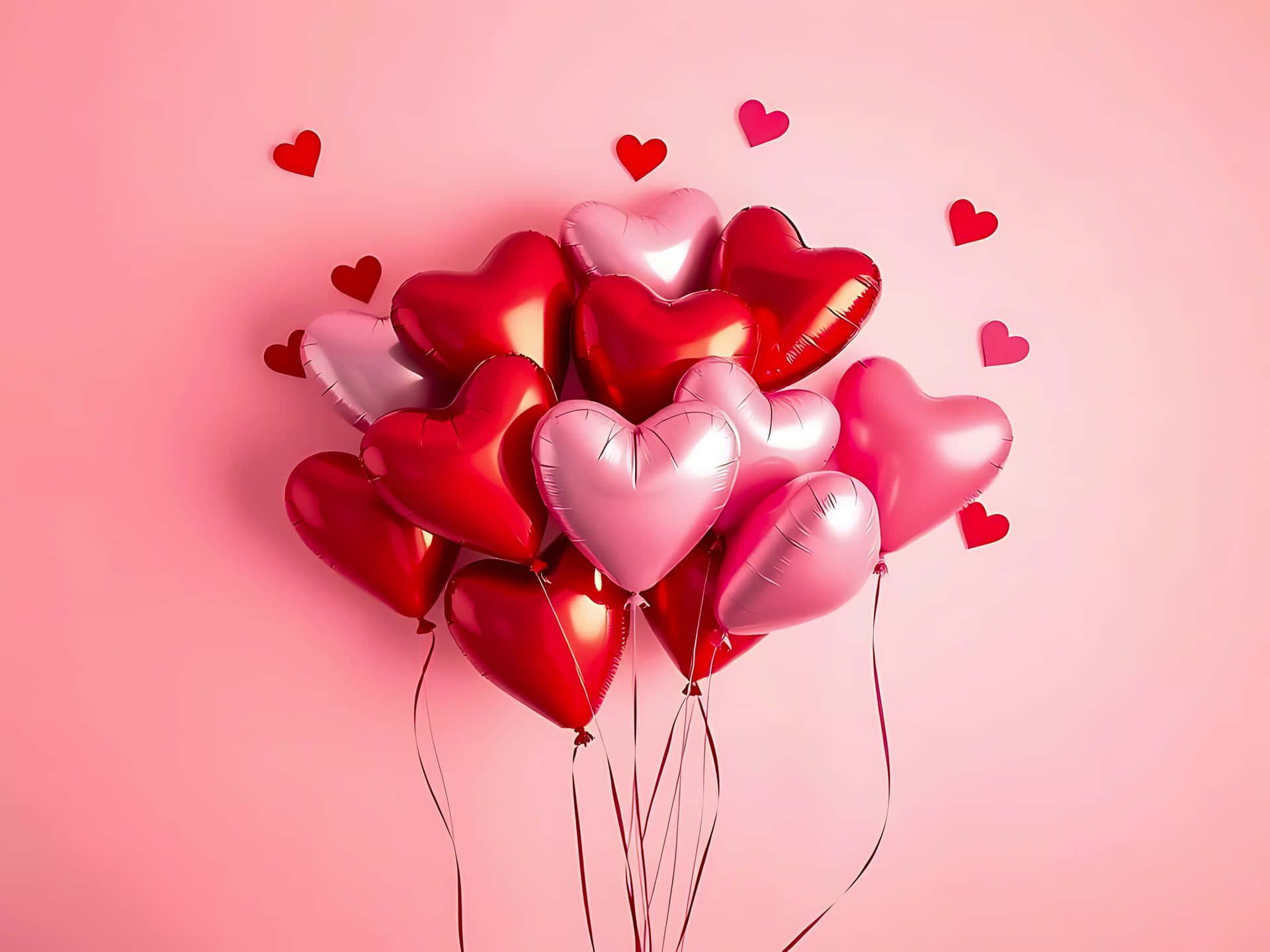 Bunch of heart shaped balloons in shades of red and pink color 壁紙 — 一簇閃亮的紅色和粉紅色心形氣球漂浮在柔和的粉紅色背景上，散落著紙心。