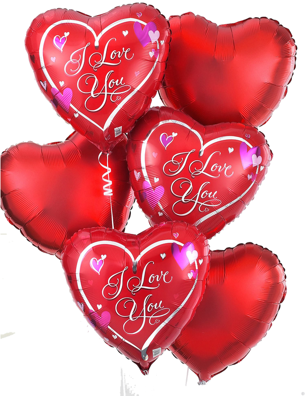 愛心 桌布 壁紙 — 一簇閃亮的紅色心形氣球，上面有「I Love You」字樣和紫色心形，背景為黑色。