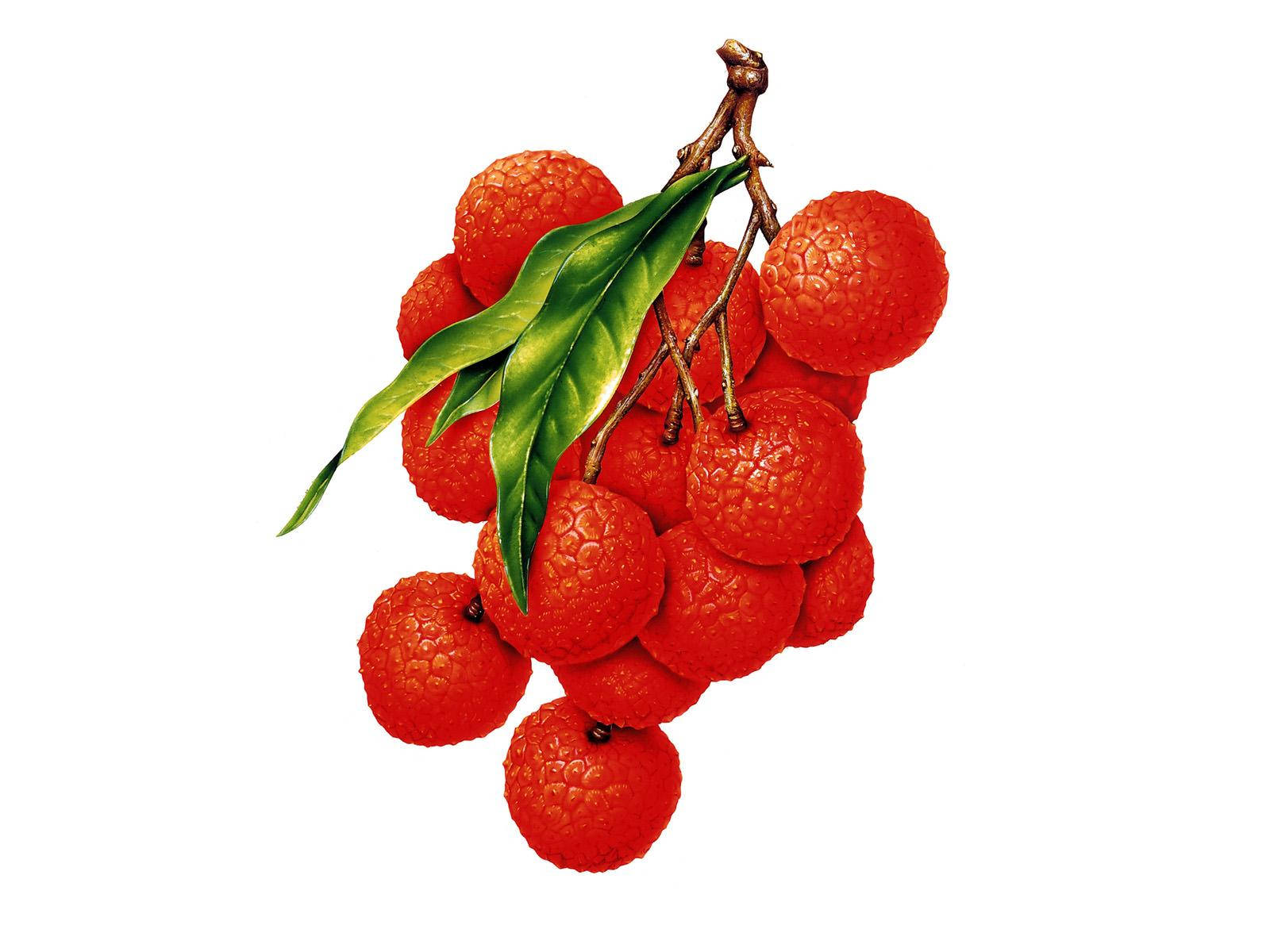 Fruits 桌布 壁紙 — 一簇鮮紅色的荔枝，表皮有紋理，帶有光澤的綠葉，附在棕色莖上。
