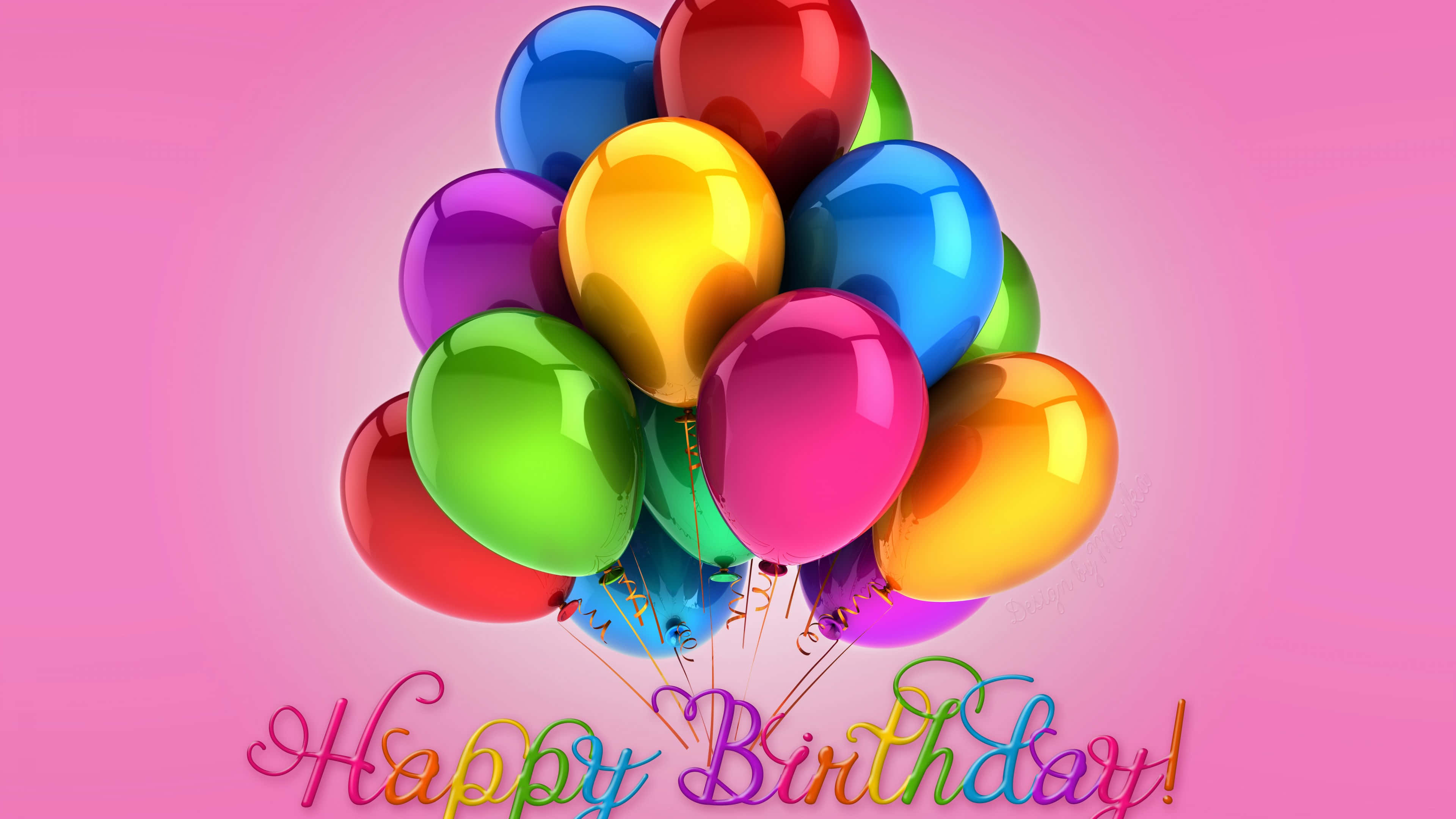 High Resolution Happy Birthday 桌布 壁紙 — 一簇鮮豔光澤的彩虹氣球漂浮在柔和的粉紅色漸層背景上，下方有色彩繽紛的草書「Happy Birthday!」文字。