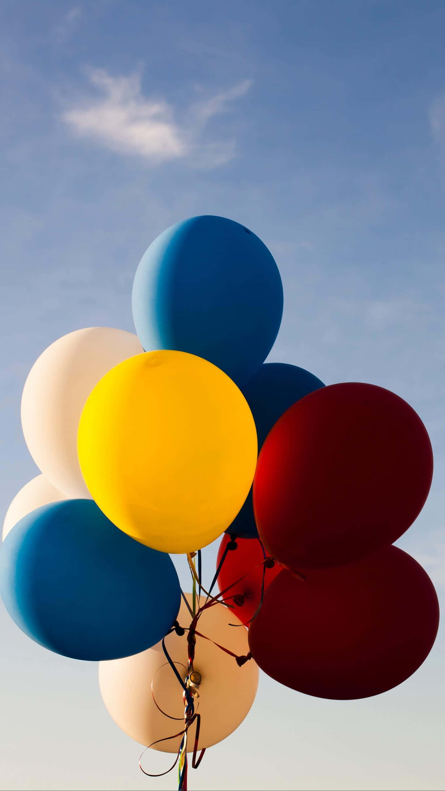 Balloon 桌布 壁紙 — 一簇鮮豔的紅色、藍色、黃色和白色氣球在晴朗的藍天中飄浮，伴隨著縷縷薄雲。