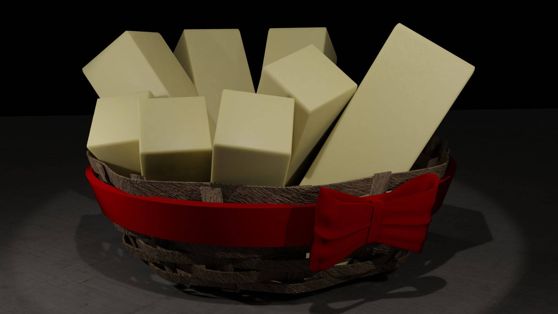 basket 桌布 壁紙 — 一籃奶油黃色奶油塊，用鮮紅色蝴蝶結綁著，襯托深色背景。