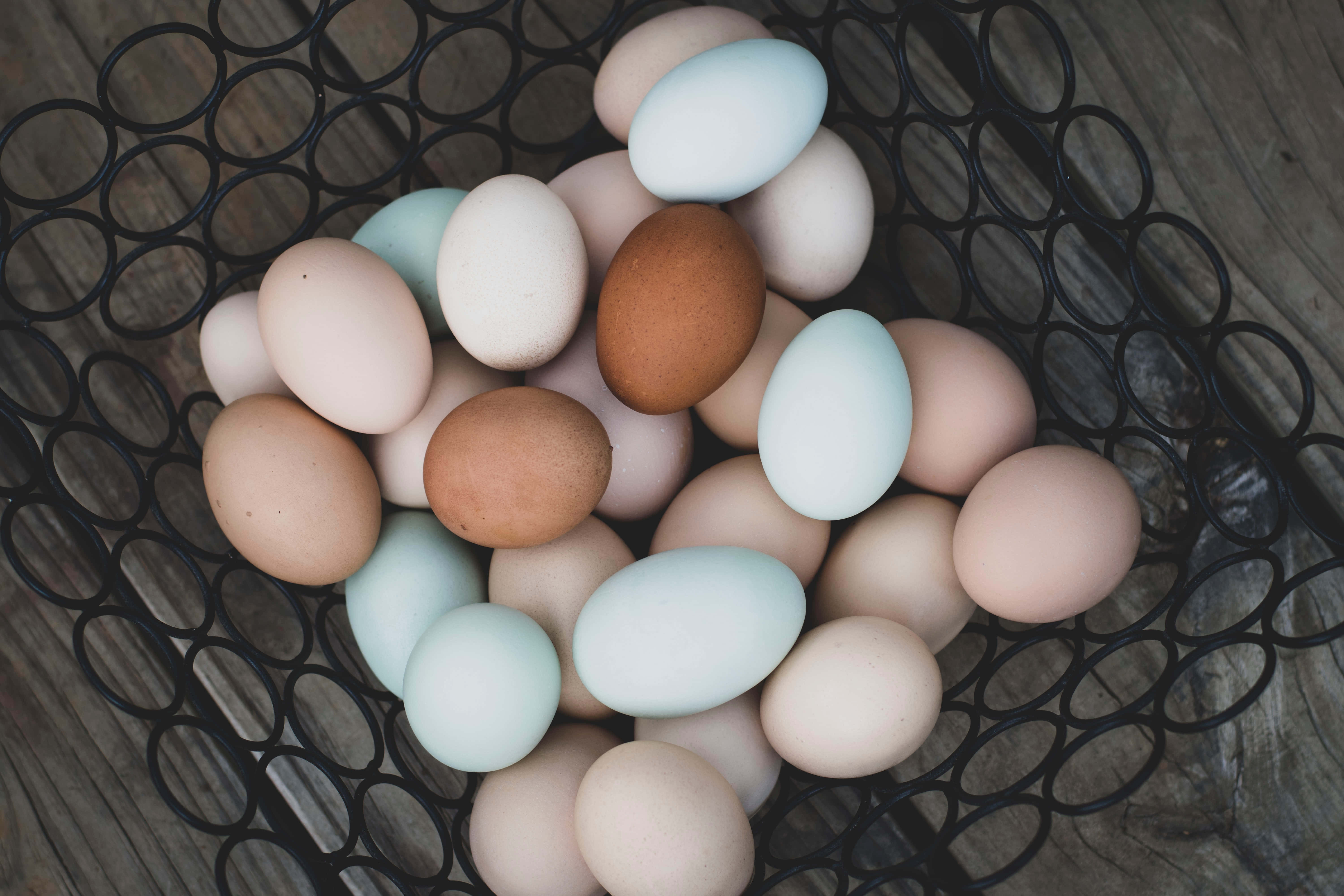 Brown Eggs 桌布 壁紙 — 一籃粉彩和大地色調的雞蛋放在經風化的木質表面上，從上方以柔和自然光拍攝。