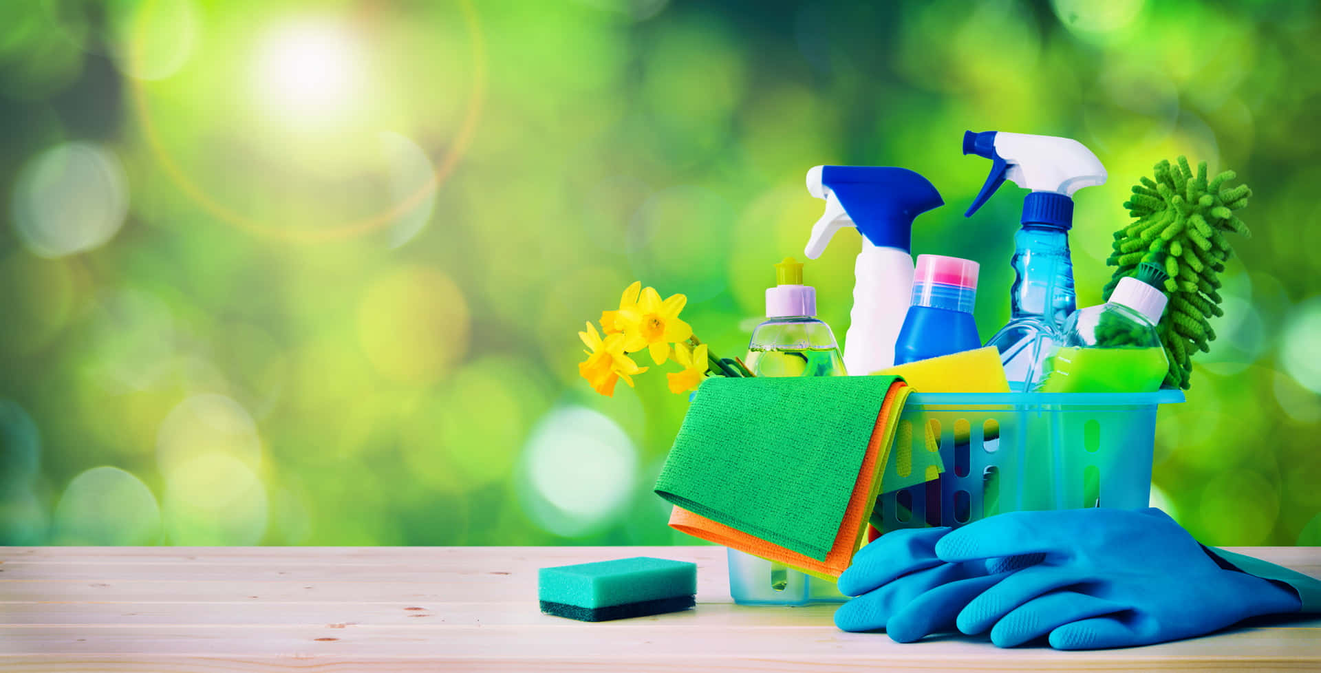 Cleaning 桌布 壁紙 — 一籃色彩繽紛的清潔用品放在木質表面上，背景是明亮的綠色散景和黃色花朵。