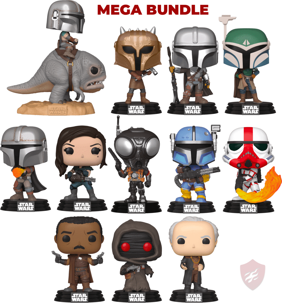 曼達洛人 桌布 壁紙 — 一系列 Funko Pop! 星際大戰人偶，包括曼達洛人以及 Grogu 和 Darth Maul 等角色，在黑色背景上展示。